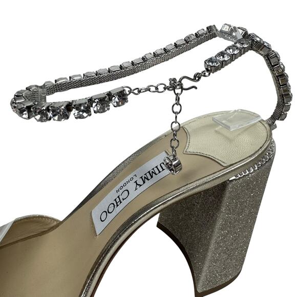 New Jimmy Choo Saeda Block Heel Glitter Crystals Sandals Platinum Size 38 - Picture 5 of 14